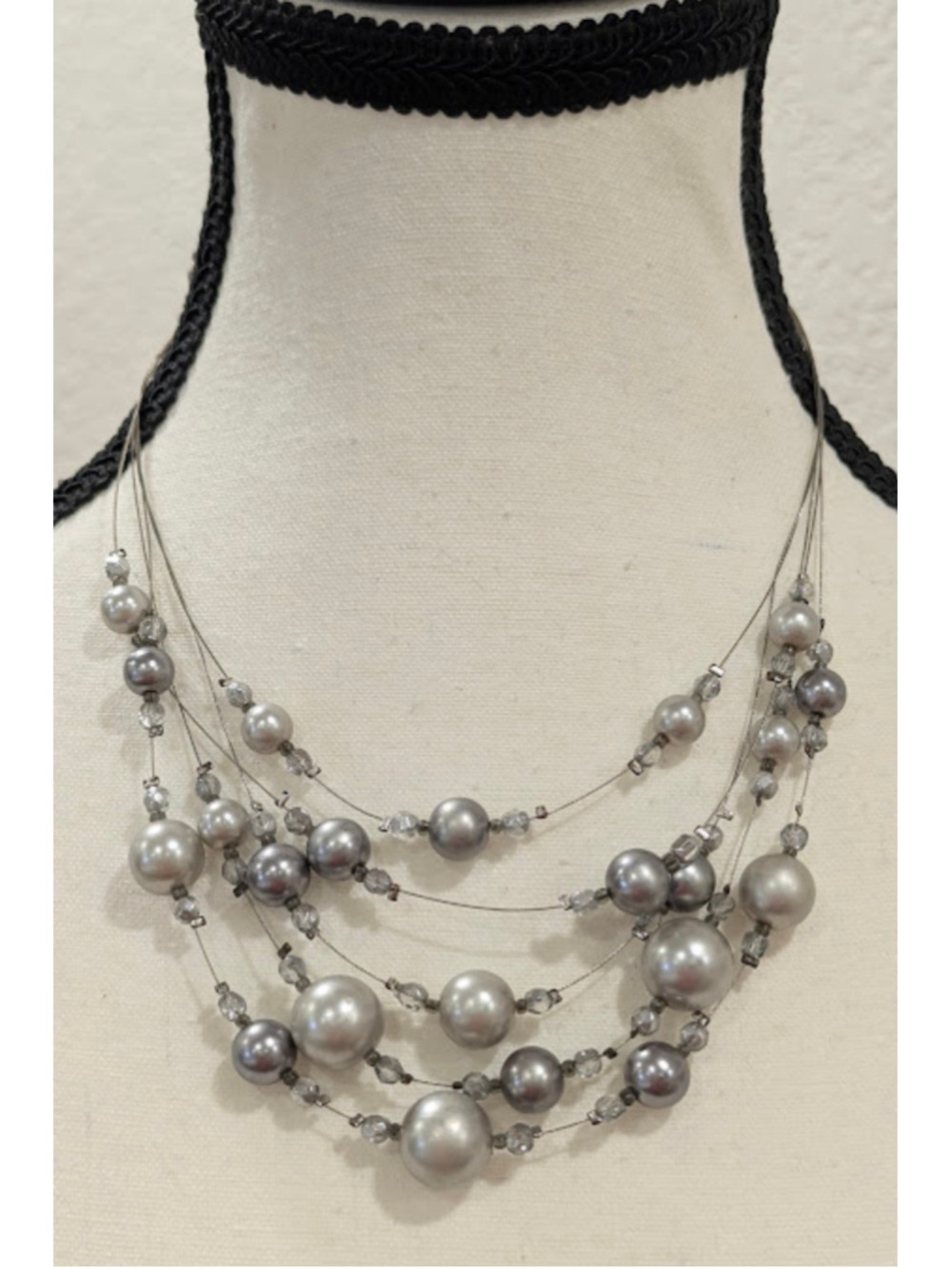 Gray Faux Pearl Crystal Layered Necklace Floating Strand Wedding Cocktail